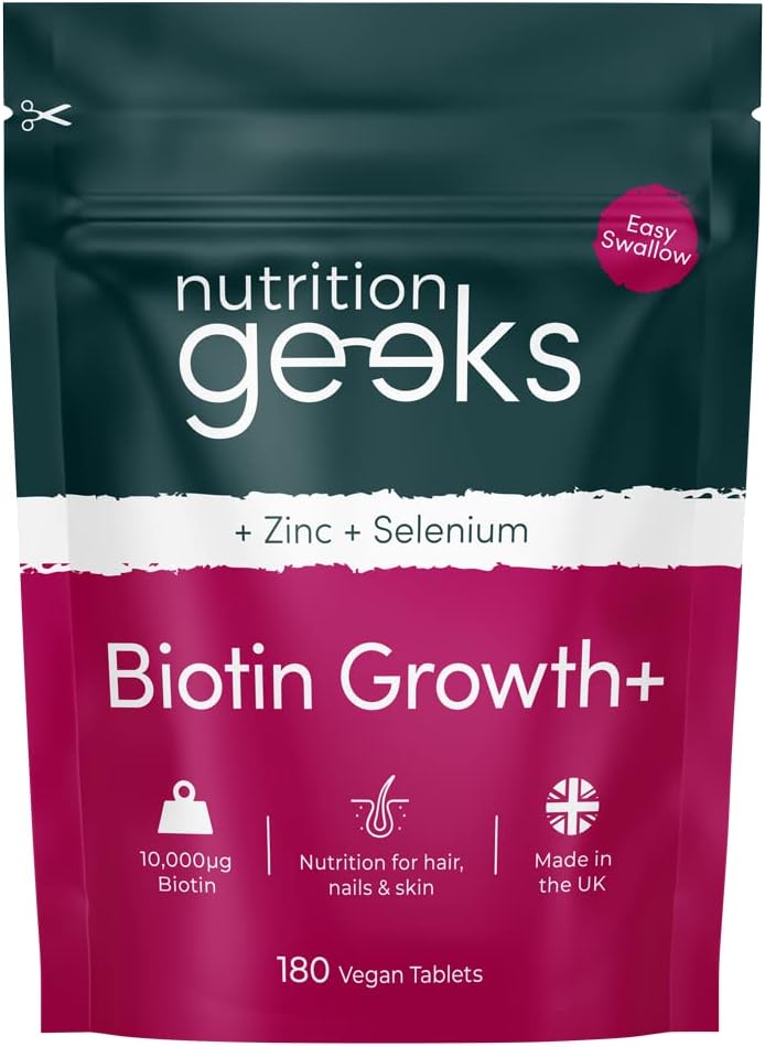 Nutrition Geeks Biotin Hair Growth Supplement - 180 Tablets Enhanced with Zinc & Selenium, Hair Vitamins Complex - Biotin 10000 mcg - Vegan, Hair Skin and Nails Vitamins for Women & Men UK-0