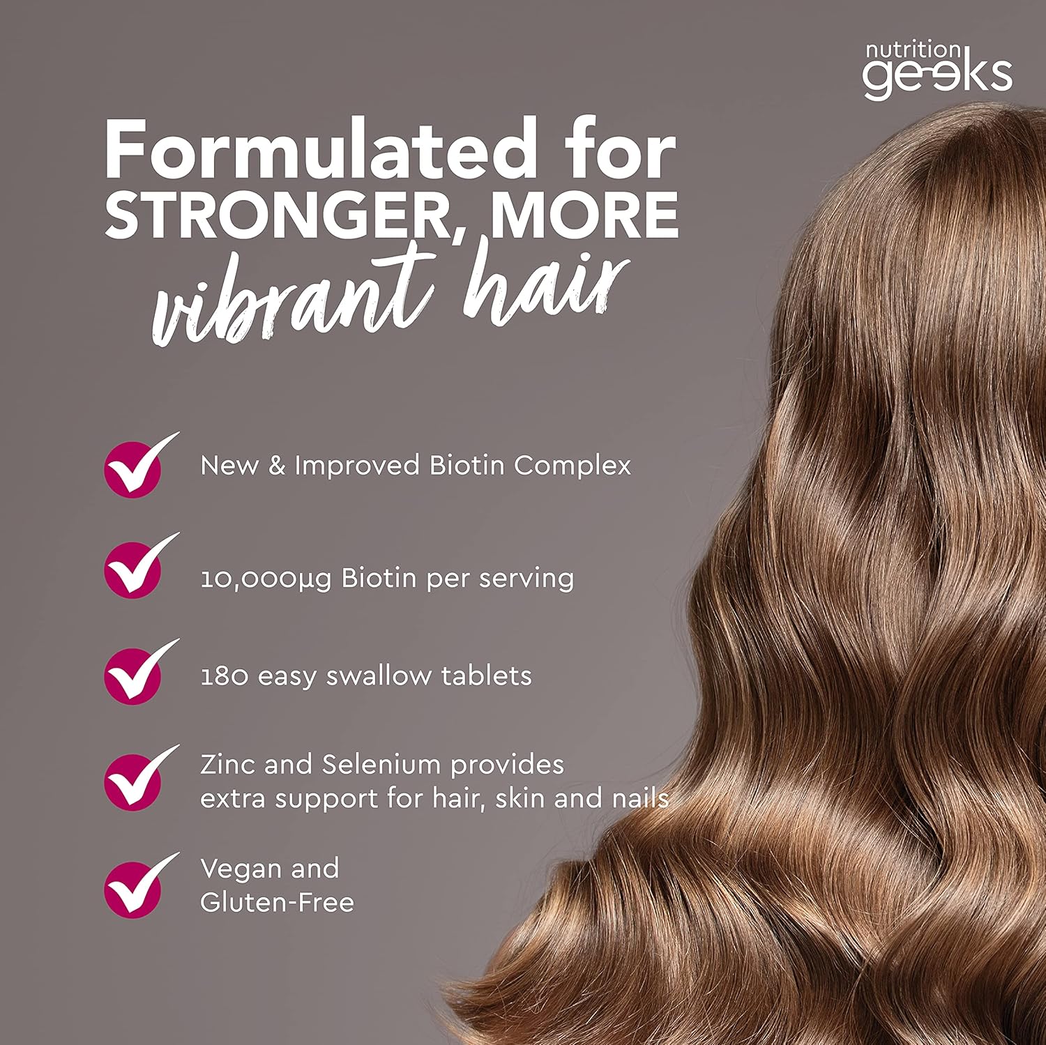 Nutrition Geeks Biotin Hair Growth Supplement - 180 Tablets Enhanced with Zinc & Selenium, Hair Vitamins Complex - Biotin 10000 mcg - Vegan, Hair Skin and Nails Vitamins for Women & Men UK-1