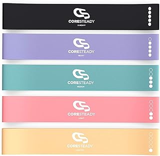 Coresteady Resistance Bands Set of 5 - Mini Fitness & Loop Exercise Band for Men & Women - Yoga, Body & Gym Sport Resistance Loop Bands for Strength, Muscle & Tone - With E-Guide & Travel Bag