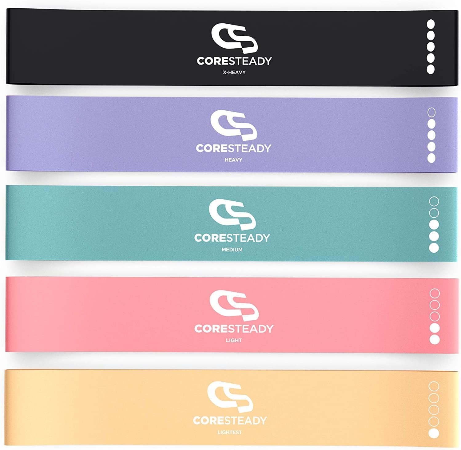 Coresteady Resistance Bands Set of 5 - Mini Fitness & Loop Exercise Band for Men & Women - Yoga, Body & Gym Sport Resistance Loop Bands for Strength, Muscle & Tone - With E-Guide & Travel Bag-0