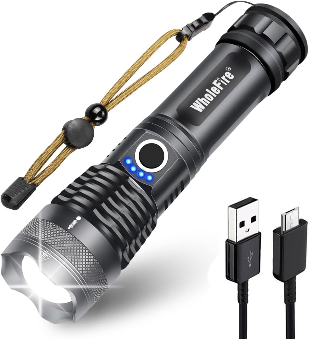 WholeFire LED Torch Super Bright 10000 Lumens, USB Rechargeable Powerful Bright Flashlight Battery Powered Waterproof Zoom Torch Light for Camping, Outdoor Activities(3000mAh Battery Include)-0