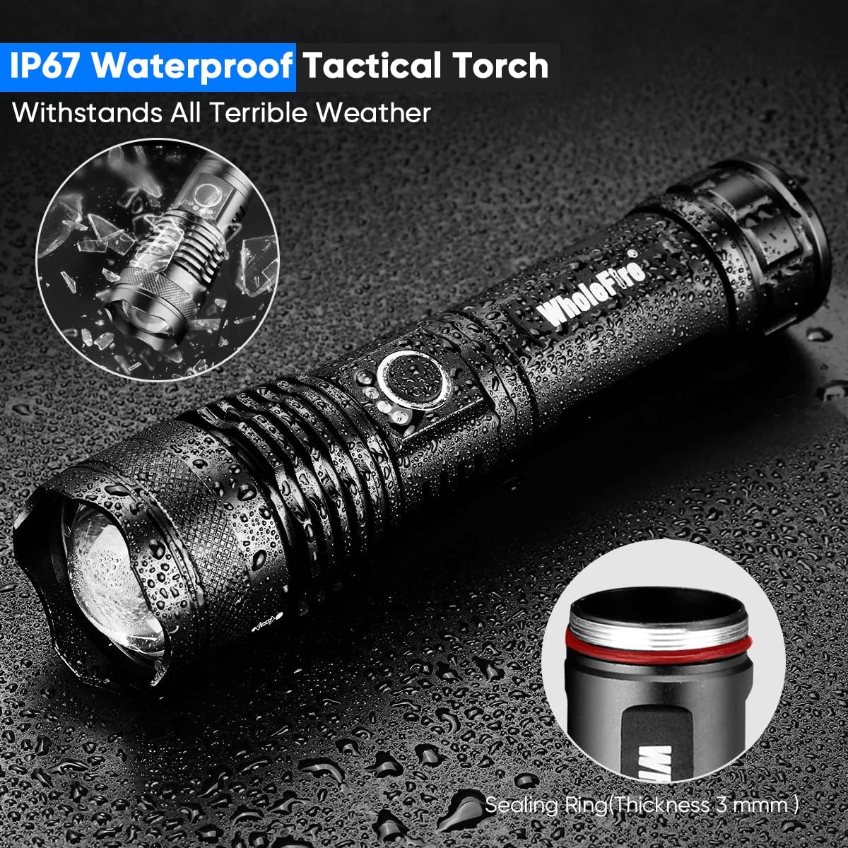 WholeFire LED Torch Super Bright 10000 Lumens, USB Rechargeable Powerful Bright Flashlight Battery Powered Waterproof Zoom Torch Light for Camping, Outdoor Activities(3000mAh Battery Include)-4