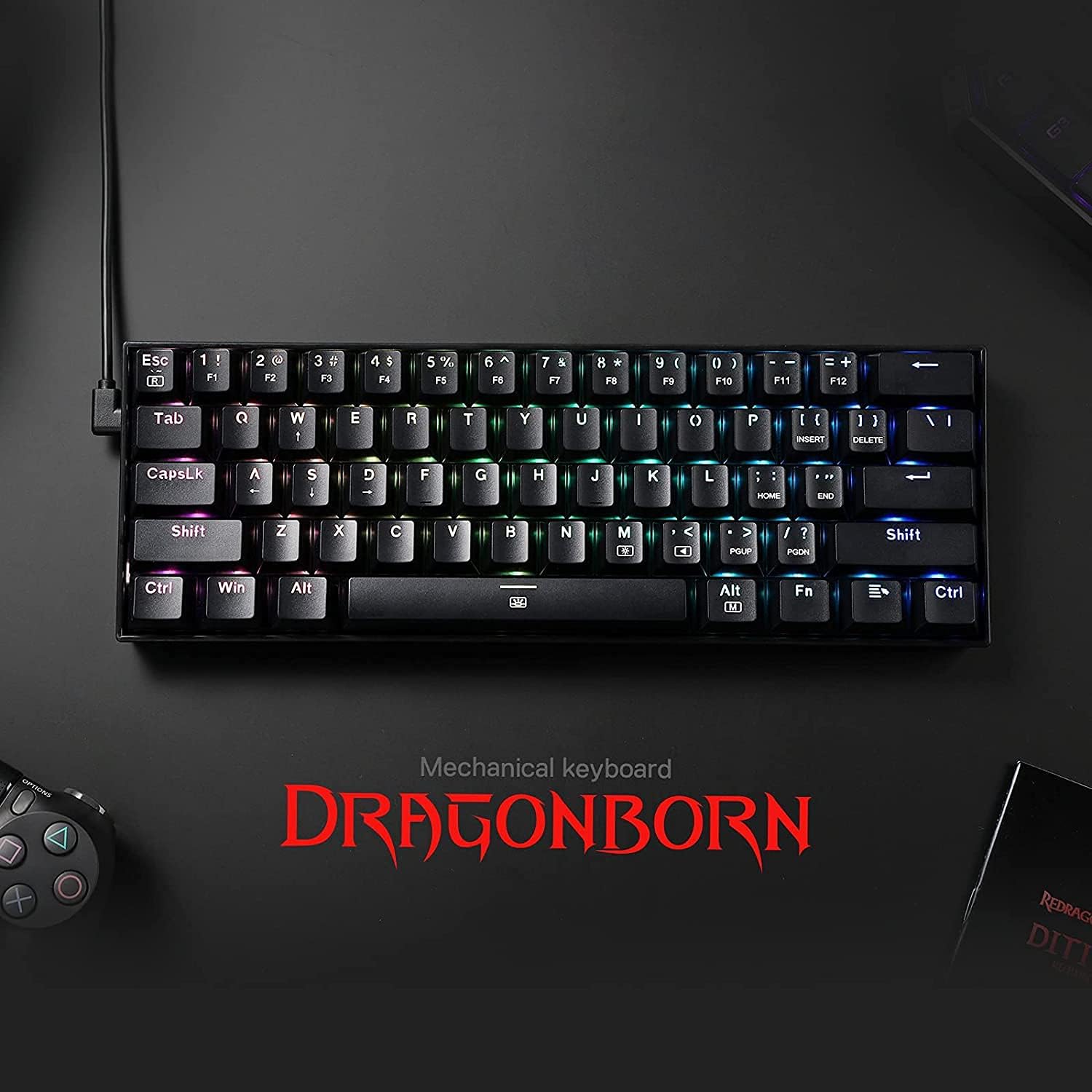 Redragon K630 Dragonborn 60% Wired RGB Gaming Keyboard, 61 Keys Compact Mechanical Keyboard with Brown Switch, Pro Driver Support, Black-1