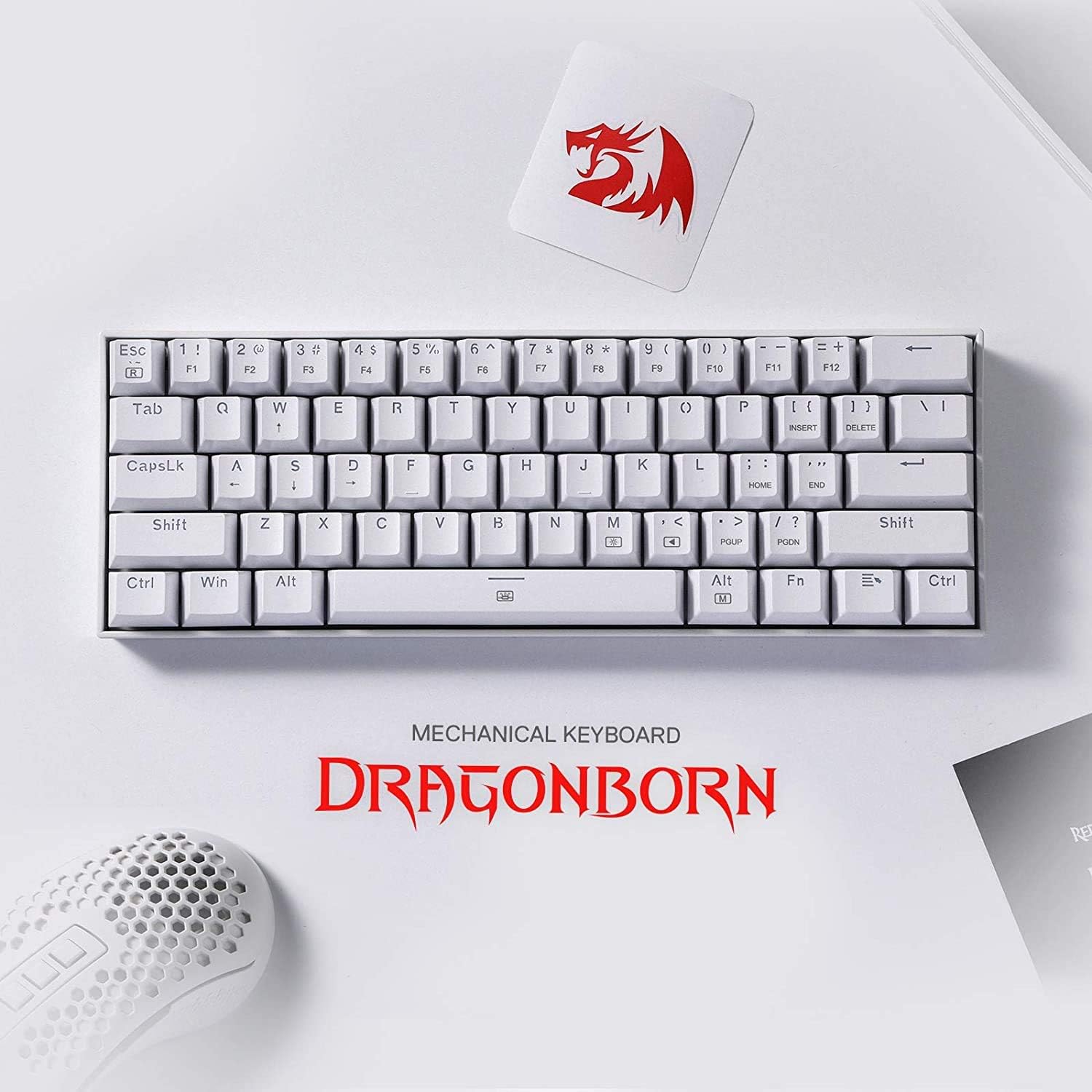 Redragon K630 Dragonborn 60% Wired RGB Gaming Keyboard, 61 Keys Compact Mechanical Keyboard with Tactile Blue Switch, Pro Driver Support, White-1