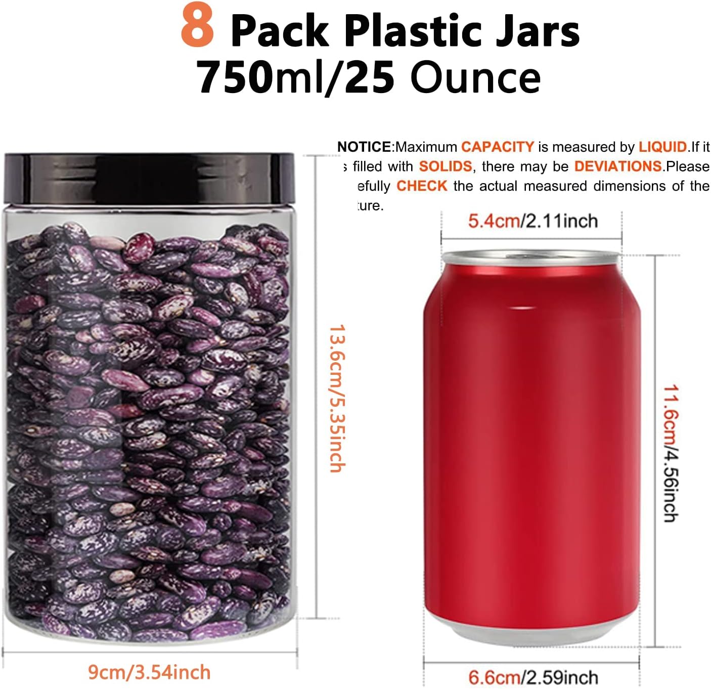 YBCPACK 8 Pack 25 oz Plastic Jars With Lids, Extra Labels, 1 Pen, Clear PET Seal Jar for Food Storage,Wide Opening Storage Jar for Dry Food, Peanut, Powder, Kitchen & Craft Storage-2