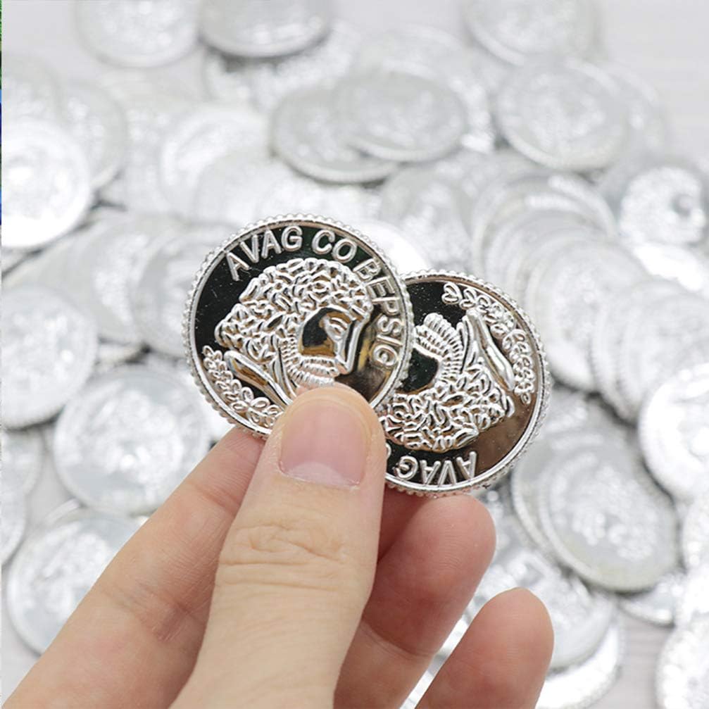 Toddmomy Silver Plastic Coins Toy Play Coins Treasure Pirate Coins Robber Costume Coins Western Theme Supplies Casino Party Favors Pirate Party Props 100pcs-2