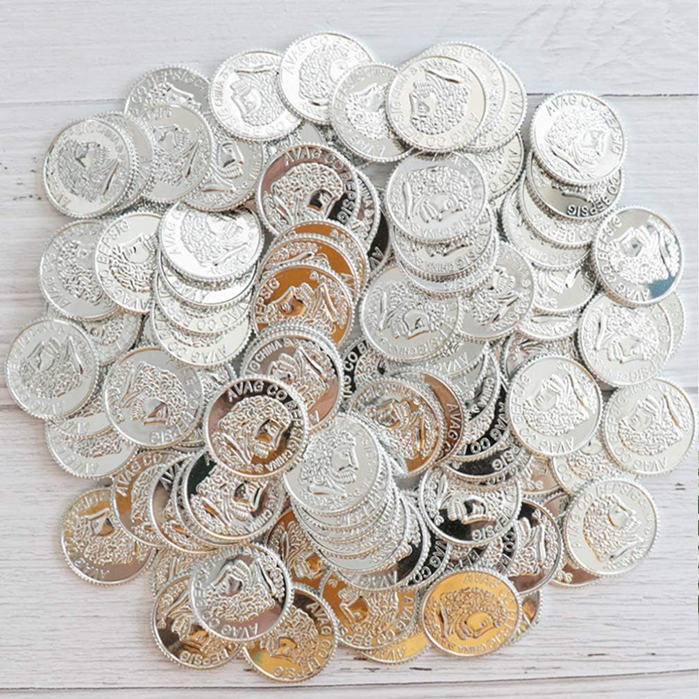 Toddmomy Silver Plastic Coins Toy Play Coins Treasure Pirate Coins Robber Costume Coins Western Theme Supplies Casino Party Favors Pirate Party Props 100pcs-4