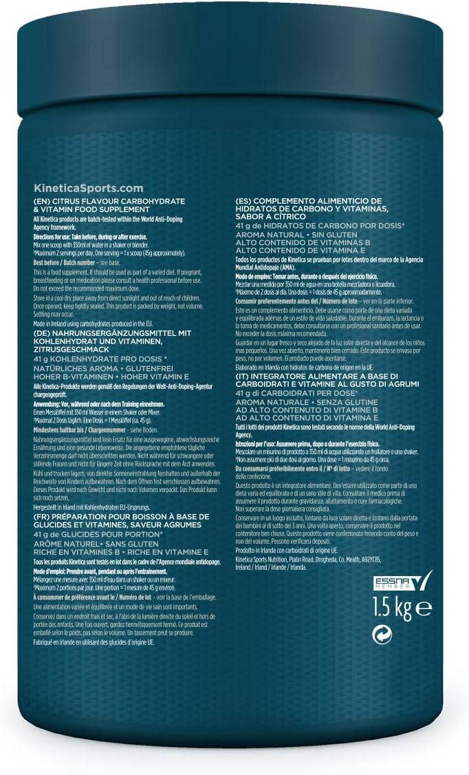 Kinetica Energy Powder | Carbohydrate Powder | 3:1 Glucose to Fructose Ratio | High in Vitamin B1, B5, B6, B7, B12 | 30 Servings | Citrus | 1.5kg-7