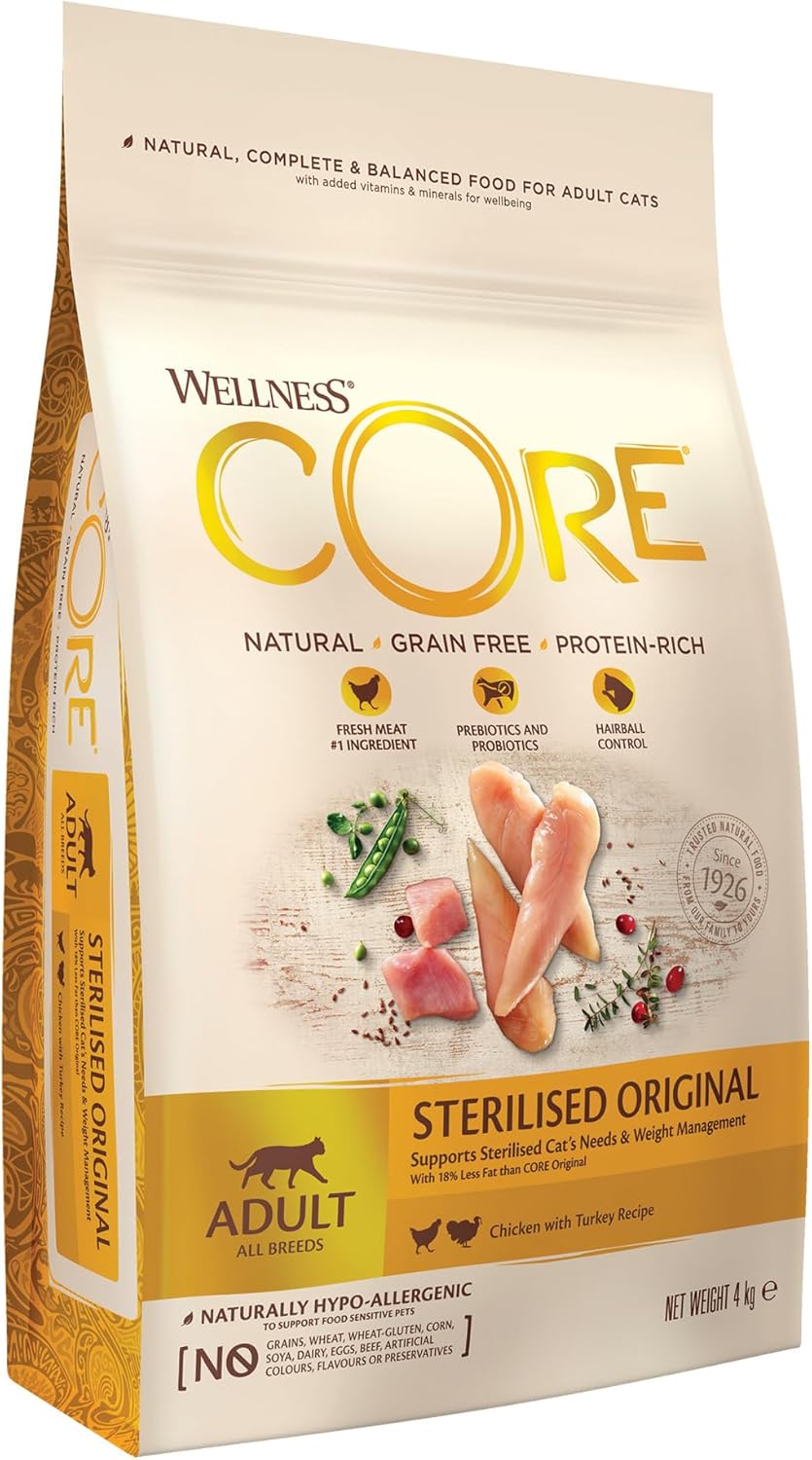 Wellness CORE Sterilised Original, Dry Cat Food, Cat Food Dry for Sterilised Cats, Grain Free, High Meat Content, Turkey & Chicken, 4 kg-0