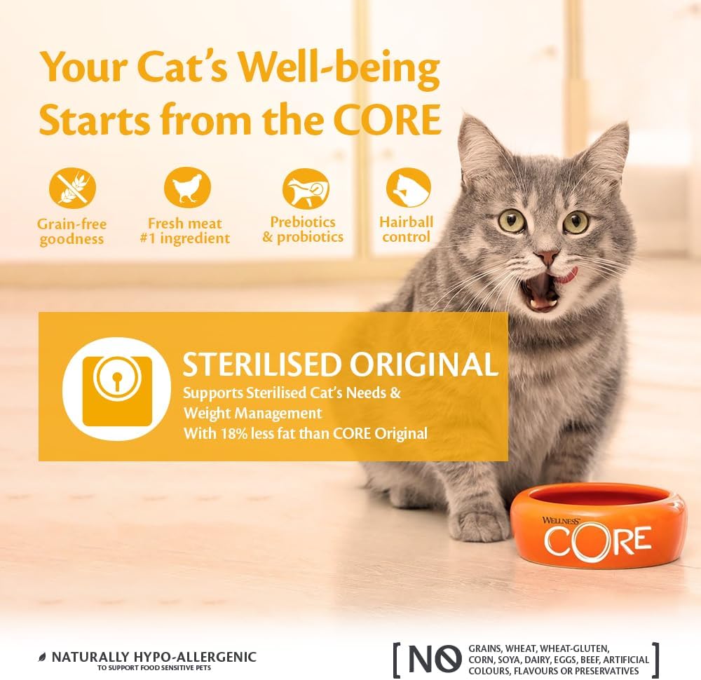 Wellness CORE Sterilised Original, Dry Cat Food, Cat Food Dry for Sterilised Cats, Grain Free, High Meat Content, Turkey & Chicken, 4 kg-1