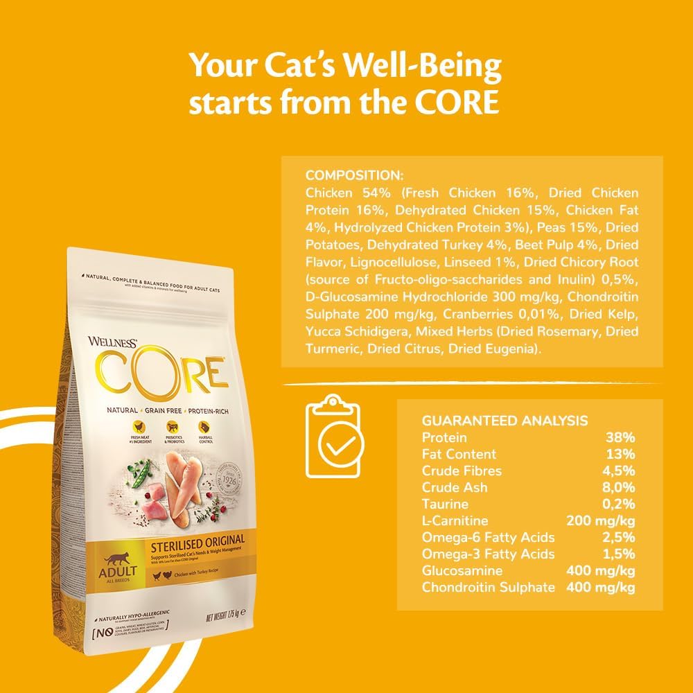 Wellness CORE Sterilised Original, Dry Cat Food, Cat Food Dry for Sterilised Cats, Grain Free, High Meat Content, Turkey & Chicken, 4 kg-2