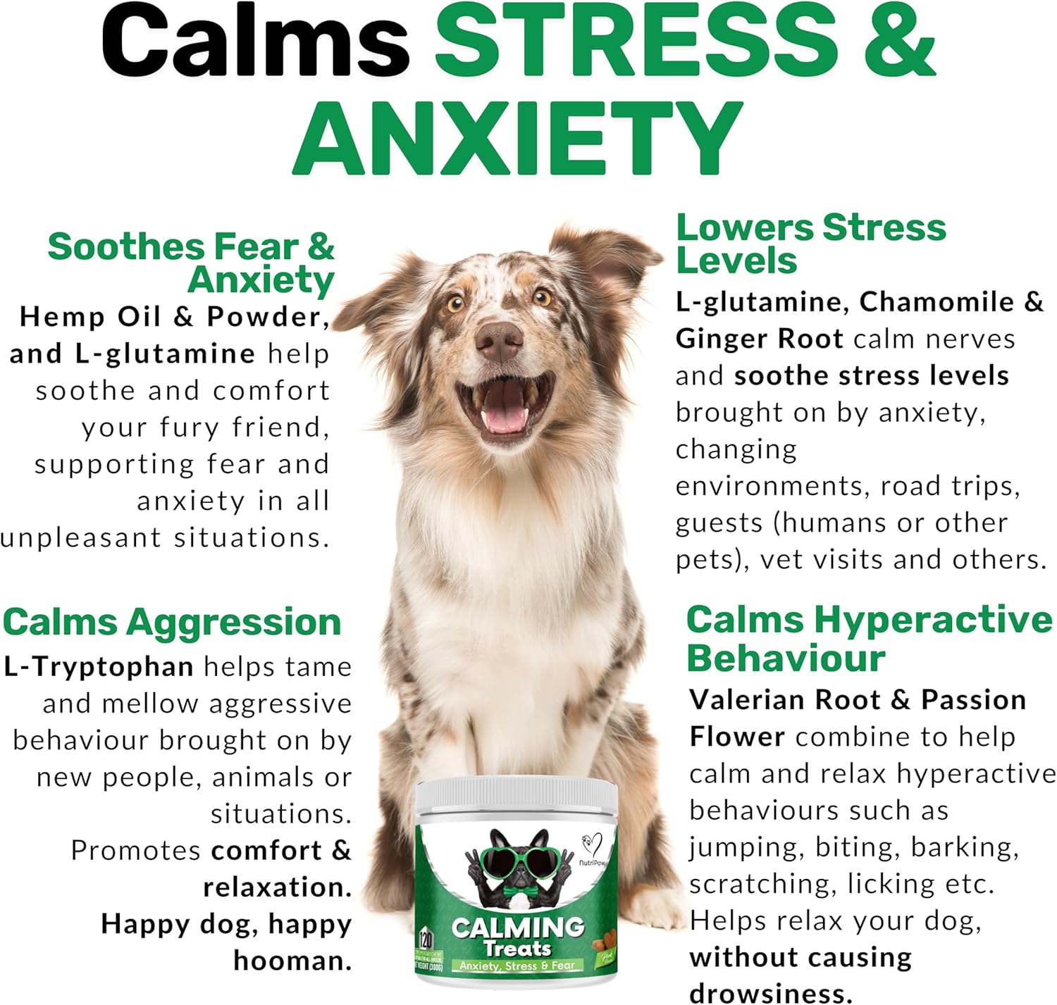 NutriPaw Calming Treats For Dogs - Reduce Stress, Fear, Separation Anxiety, Barking, Hyperactivity, Reactivity, Aggression, Travel Issues - Relaxation without Drowsiness dogs-3