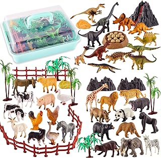 TOEY PLAY 3 in 1 Animals Toys, Farm Animals, Wild Jungle Zoo Animal, Dinosaur Toy, Mini Animal Figures Set with Carry Case, 56PCS, Gifts for Kids Boys Girls 3 4 5 6 Years Old