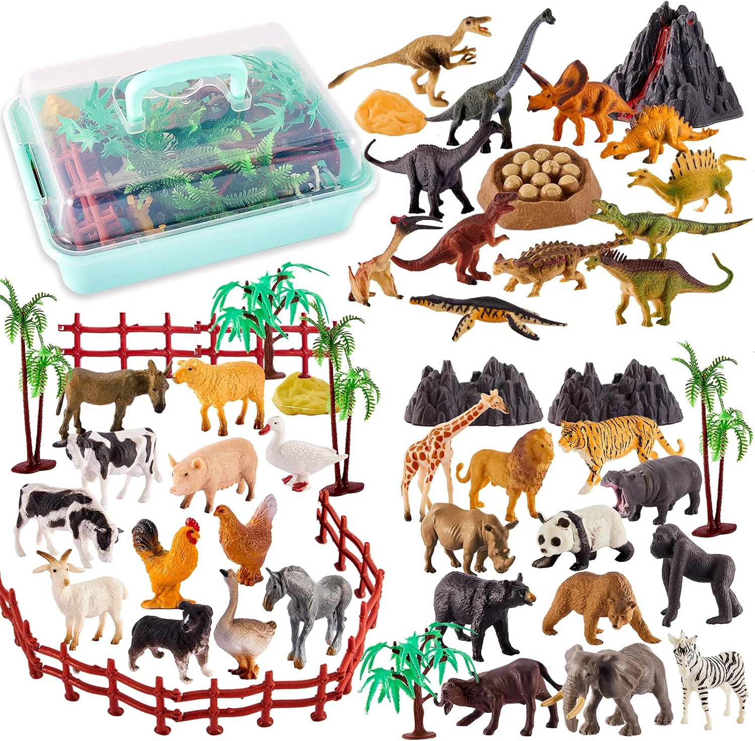 TOEY PLAY 3 in 1 Animals Toys, Farm Animals, Wild Jungle Zoo Animal, Dinosaur Toy, Mini Animal Figures Set with Carry Case, 56PCS, Gifts for Kids Boys Girls 3 4 5 6 Years Old-0