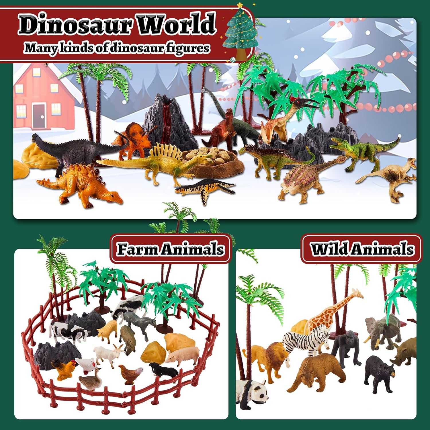 TOEY PLAY 3 in 1 Animals Toys, Farm Animals, Wild Jungle Zoo Animal, Dinosaur Toy, Mini Animal Figures Set with Carry Case, 56PCS, Gifts for Kids Boys Girls 3 4 5 6 Years Old-1