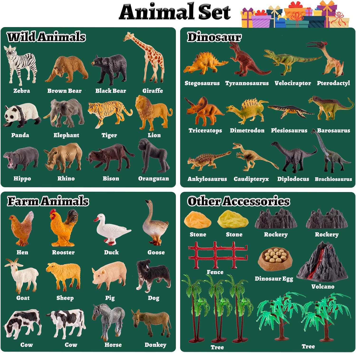 TOEY PLAY 3 in 1 Animals Toys, Farm Animals, Wild Jungle Zoo Animal, Dinosaur Toy, Mini Animal Figures Set with Carry Case, 56PCS, Gifts for Kids Boys Girls 3 4 5 6 Years Old-4