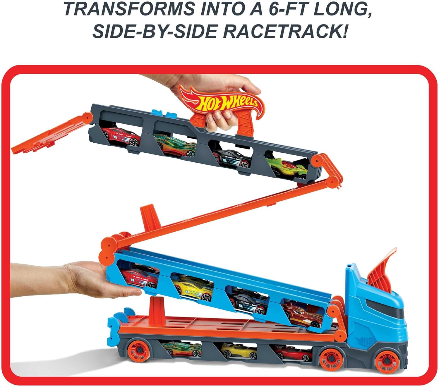 Hot Wheels - Speedway Hauler Storage Carrier with 3 1:64 Scale Cars & Convertible 6-Foot Drag Race Track for Kids 4 to 8 years Old, Stores 20+ Cars & Connects to Other Playsets, HGH33-4