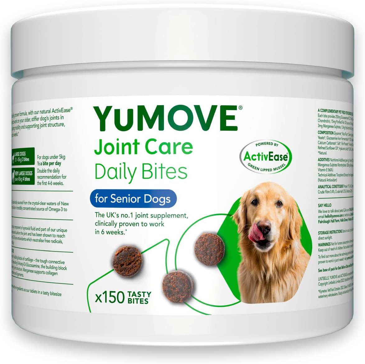 YuMOVE Daily Bites For Senior Dogs | High Strength Hip and Joint Supplement Designed for Older, Stiff Dogs, with Glucosamine, Chondroitin, Green Lipped Mussel | Aged 9+ | 150 Chews-0