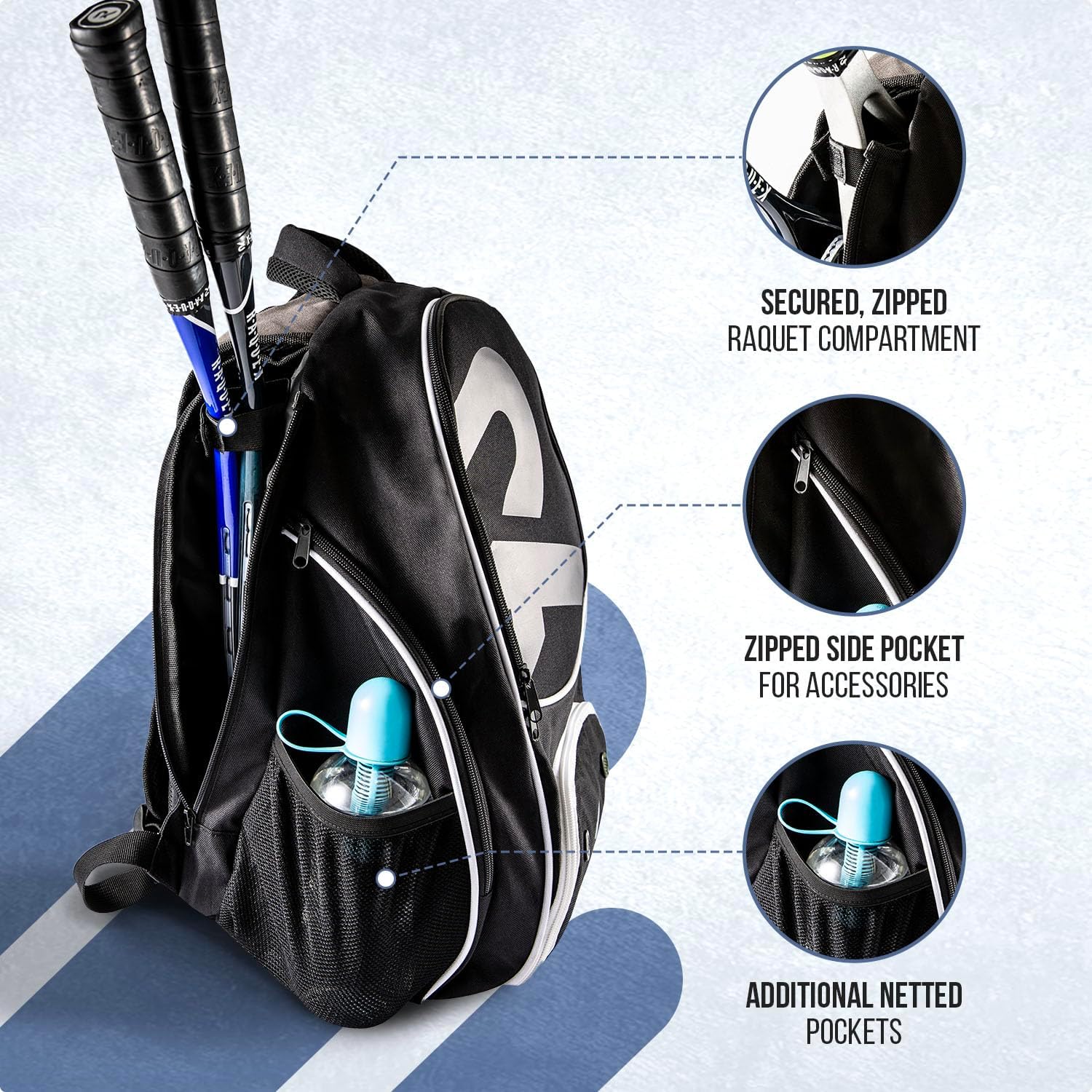 Raquex Racket Sports Backpack - for 1 Tennis Racquet or 2 Squash or Badminton Racquets. Rucksack for Rackets + Shoes + Laptop + Water Bottle-1