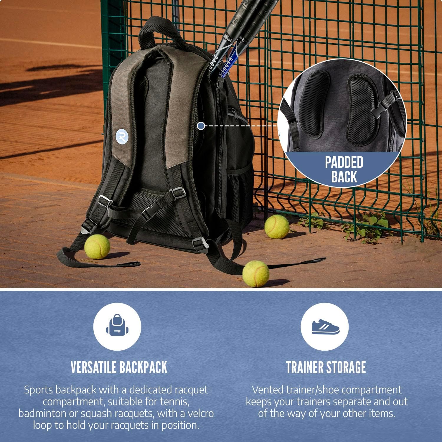 Raquex Racket Sports Backpack - for 1 Tennis Racquet or 2 Squash or Badminton Racquets. Rucksack for Rackets + Shoes + Laptop + Water Bottle-2