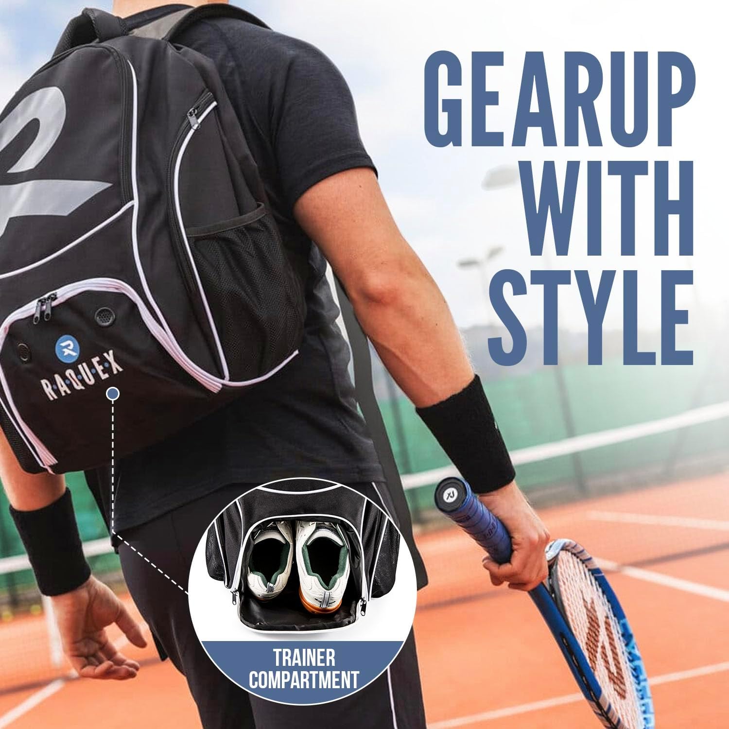 Raquex Racket Sports Backpack - for 1 Tennis Racquet or 2 Squash or Badminton Racquets. Rucksack for Rackets + Shoes + Laptop + Water Bottle-3