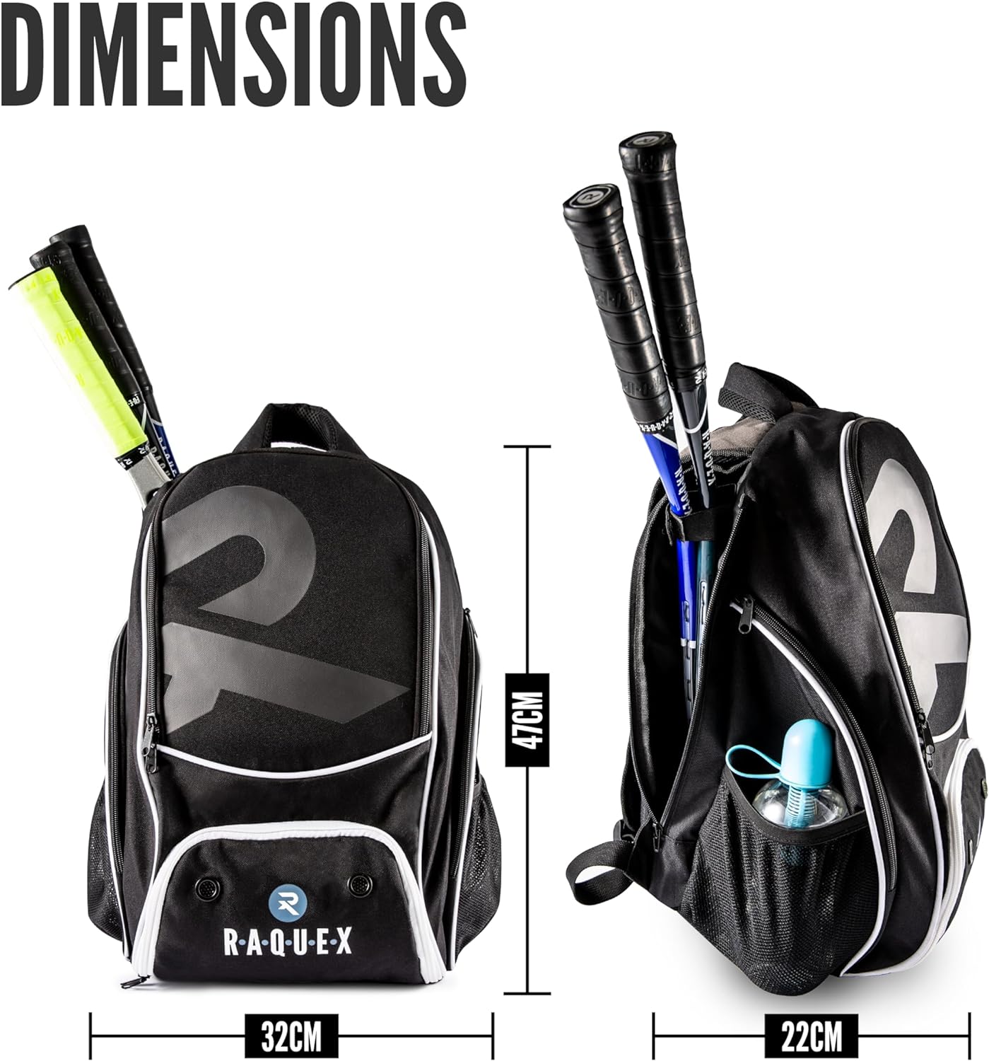 Raquex Racket Sports Backpack - for 1 Tennis Racquet or 2 Squash or Badminton Racquets. Rucksack for Rackets + Shoes + Laptop + Water Bottle-5