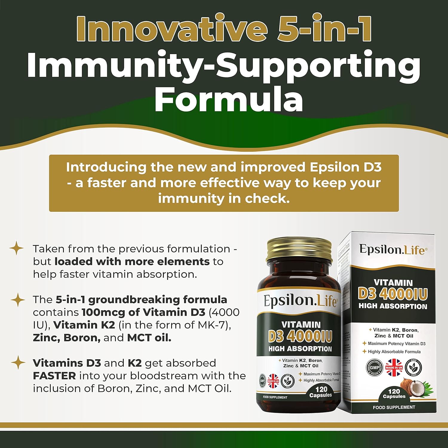 Vitamin D3 K2 Zinc Supplement – Vitamin D 4000IU High Strength Formula with Vitamin K2 Mk7, Zinc, Boron and MCT Oil for Optimal Absorption – 120 D3 & K2 Capsules - Made in The UK-1