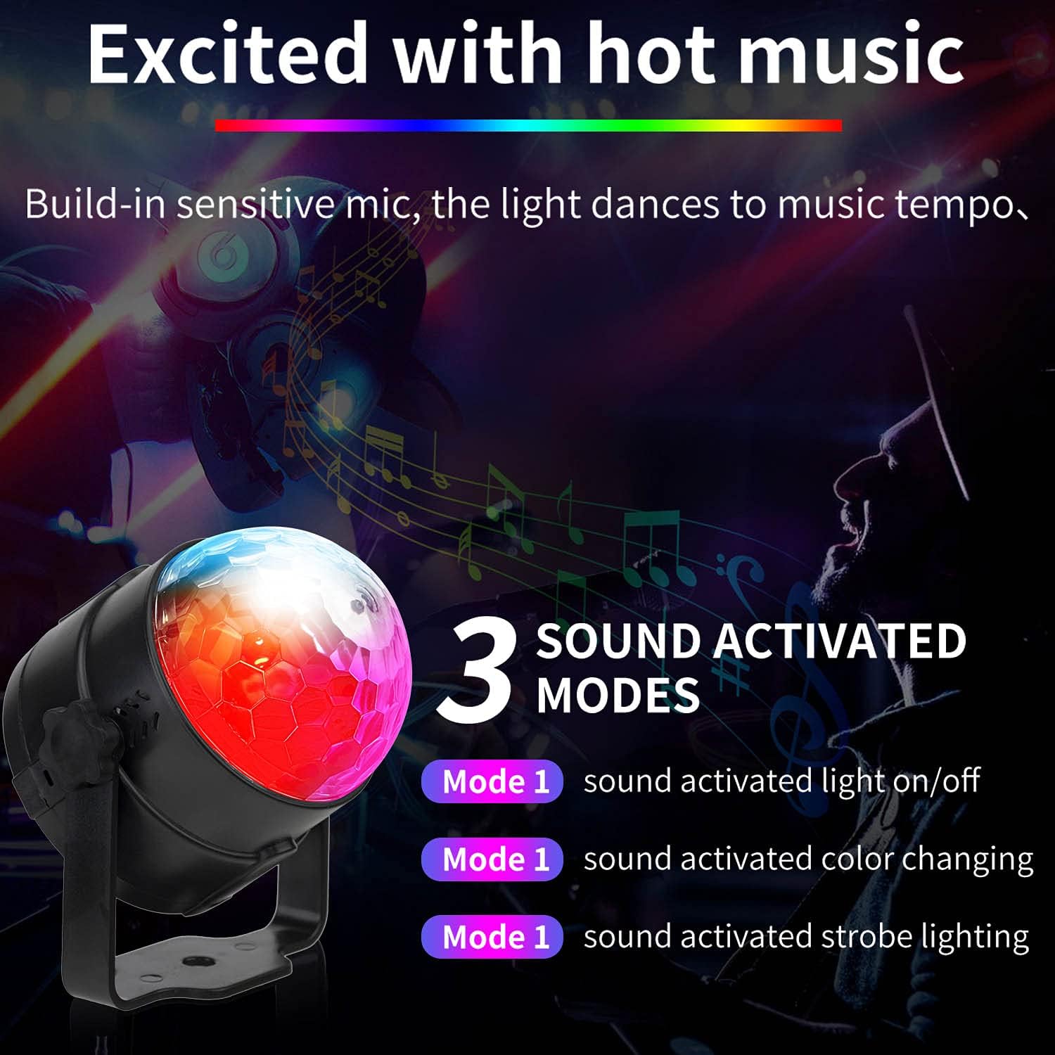 【Pack of 2】Disco Lights, 360°Rotation Sound Activated Disco Ball Lights with 4M/13ft USB Power Cable, 3W RGB Party Lights with Remote Control for Kids Birthday Dance-1