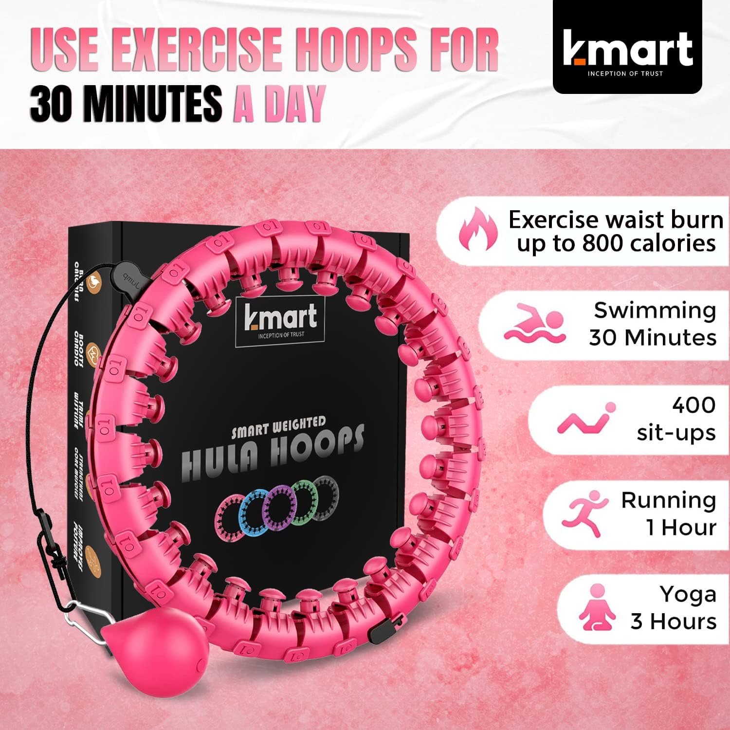 K-MART Smart Hula Ring Hoops, Weighted Hula Circle 24 Detachable Fitness Ring with 360 Degree Auto-Spinning Ball Gymnastics, Massage, Adult Fitness for Weight Loss-2