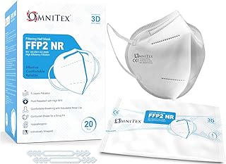 Omnitex FFP2 Face Mask - Box of 20, Individually Wrapped | High Filtration - 5 Layers | EN149 CE Certified | Hypoallergenic | Fluid Resistant | Ear Loops & Adaptable Nose Bridge | 5X Extenders