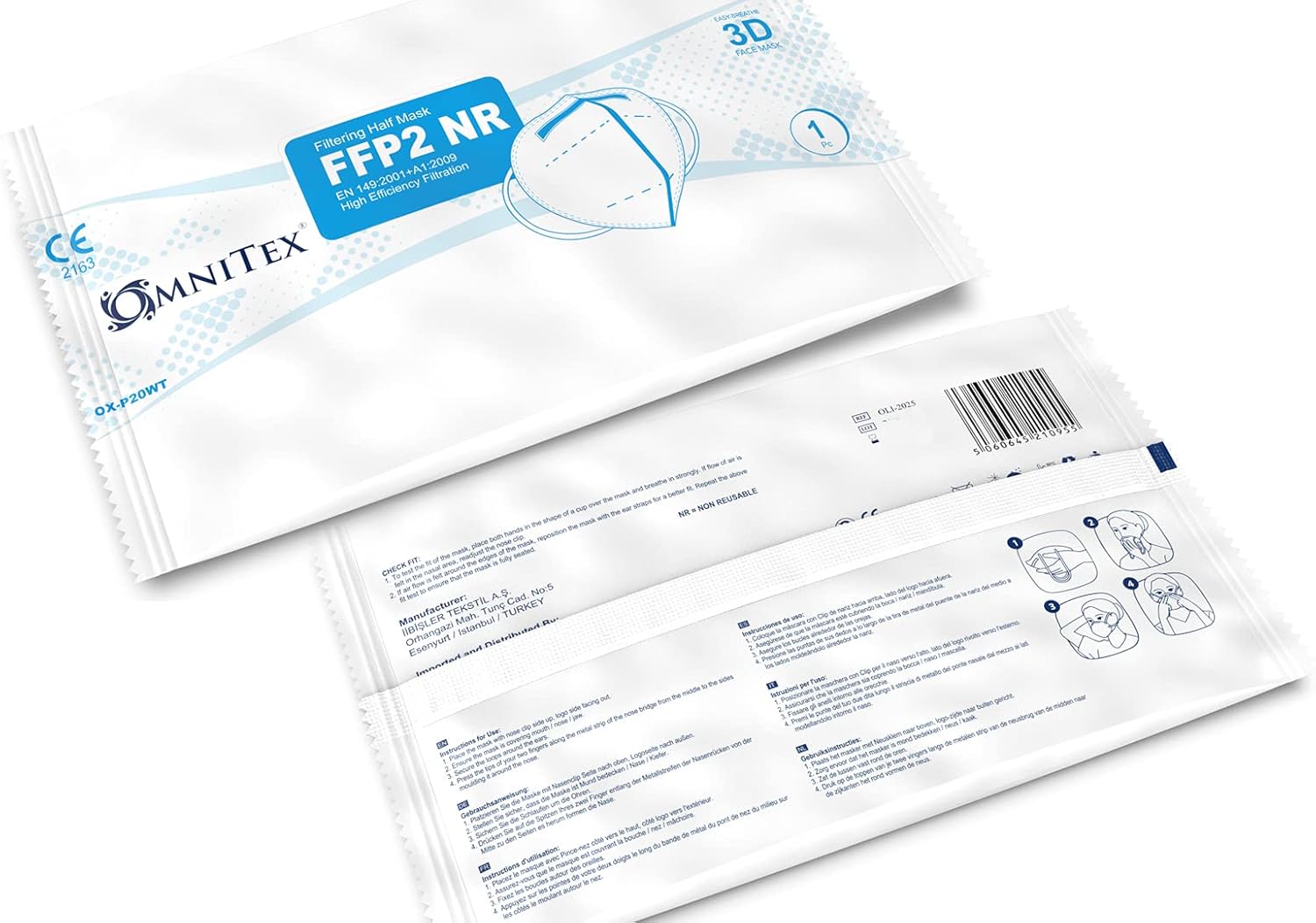 Omnitex FFP2 Face Mask - Box of 20, Individually Wrapped | High Filtration - 5 Layers | EN149 CE Certified | Hypoallergenic | Fluid Resistant | Ear Loops & Adaptable Nose Bridge | 5X Extenders-1