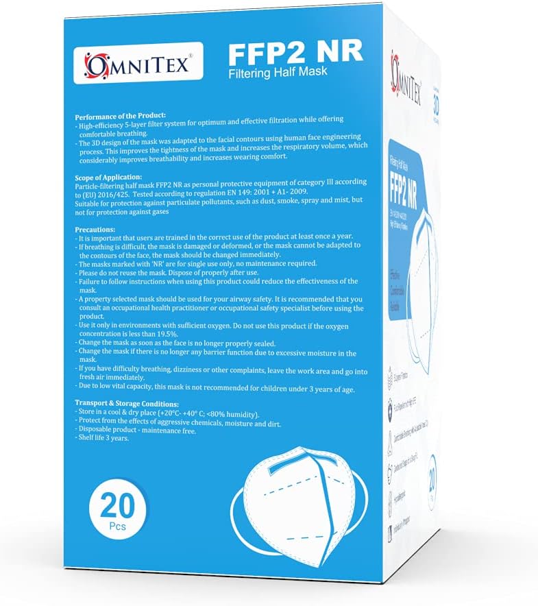 Omnitex FFP2 Face Mask - Box of 20, Individually Wrapped | High Filtration - 5 Layers | EN149 CE Certified | Hypoallergenic | Fluid Resistant | Ear Loops & Adaptable Nose Bridge | 5X Extenders-2