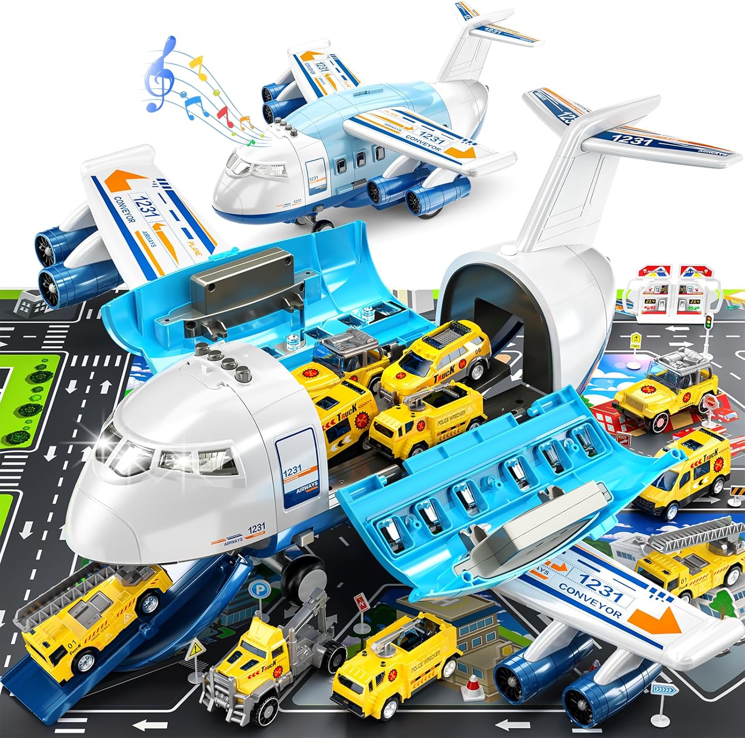 TEMI Storage Transport Plane with 12 Diecast Construction Truck Vehicles and Playmat, Airplane Toy with Mist Spray, Lights & Sounds, Birthday Gift for 3 4 5 6 Years Old Children, Boys & Girls-0