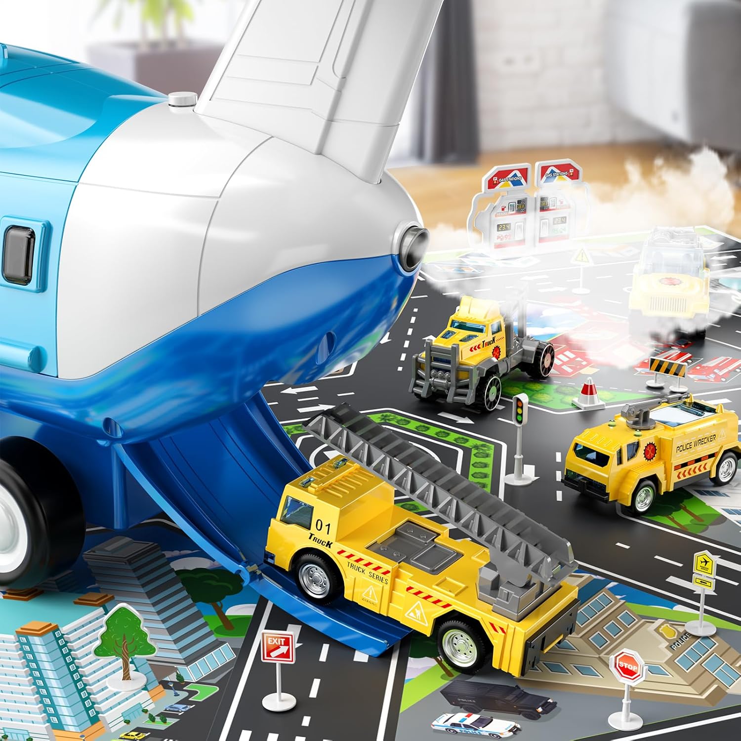 TEMI Storage Transport Plane with 12 Diecast Construction Truck Vehicles and Playmat, Airplane Toy with Mist Spray, Lights & Sounds, Birthday Gift for 3 4 5 6 Years Old Children, Boys & Girls-2