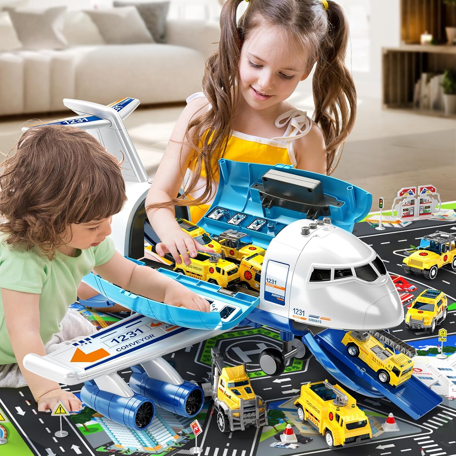 TEMI Storage Transport Plane with 12 Diecast Construction Truck Vehicles and Playmat, Airplane Toy with Mist Spray, Lights & Sounds, Birthday Gift for 3 4 5 6 Years Old Children, Boys & Girls-4