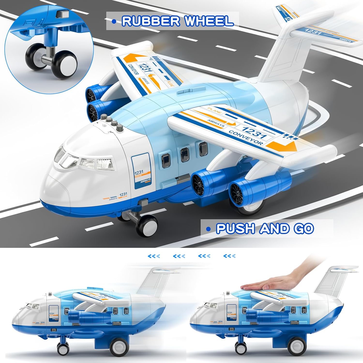 TEMI Storage Transport Plane with 12 Diecast Construction Truck Vehicles and Playmat, Airplane Toy with Mist Spray, Lights & Sounds, Birthday Gift for 3 4 5 6 Years Old Children, Boys & Girls-5