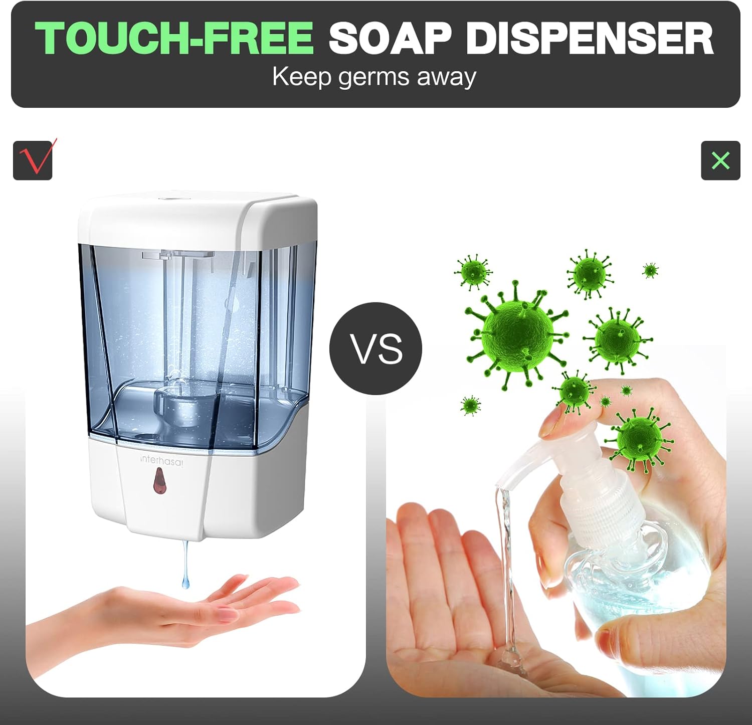 interhasa! Hand Sanitizer Dispenser Wall Mounted Automatic Commercial Liquid Soap Dispenser Liquid/Gel Touchless Hand Soap Sanitizer Dispenser for kitchen bathroom 600ml/20oz White-5