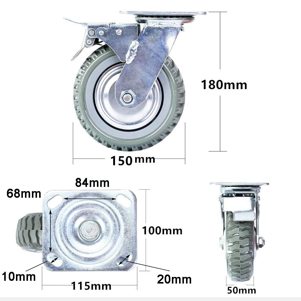 ybaymy 4pcs Solid Rubber Caster 150mm Steel Plate Mounted Industrial Swivel Caster With Brake With 360 Degree Ball Bearing Casters For Furniture DIY Workbench Trolley Load up to 1000KG-2