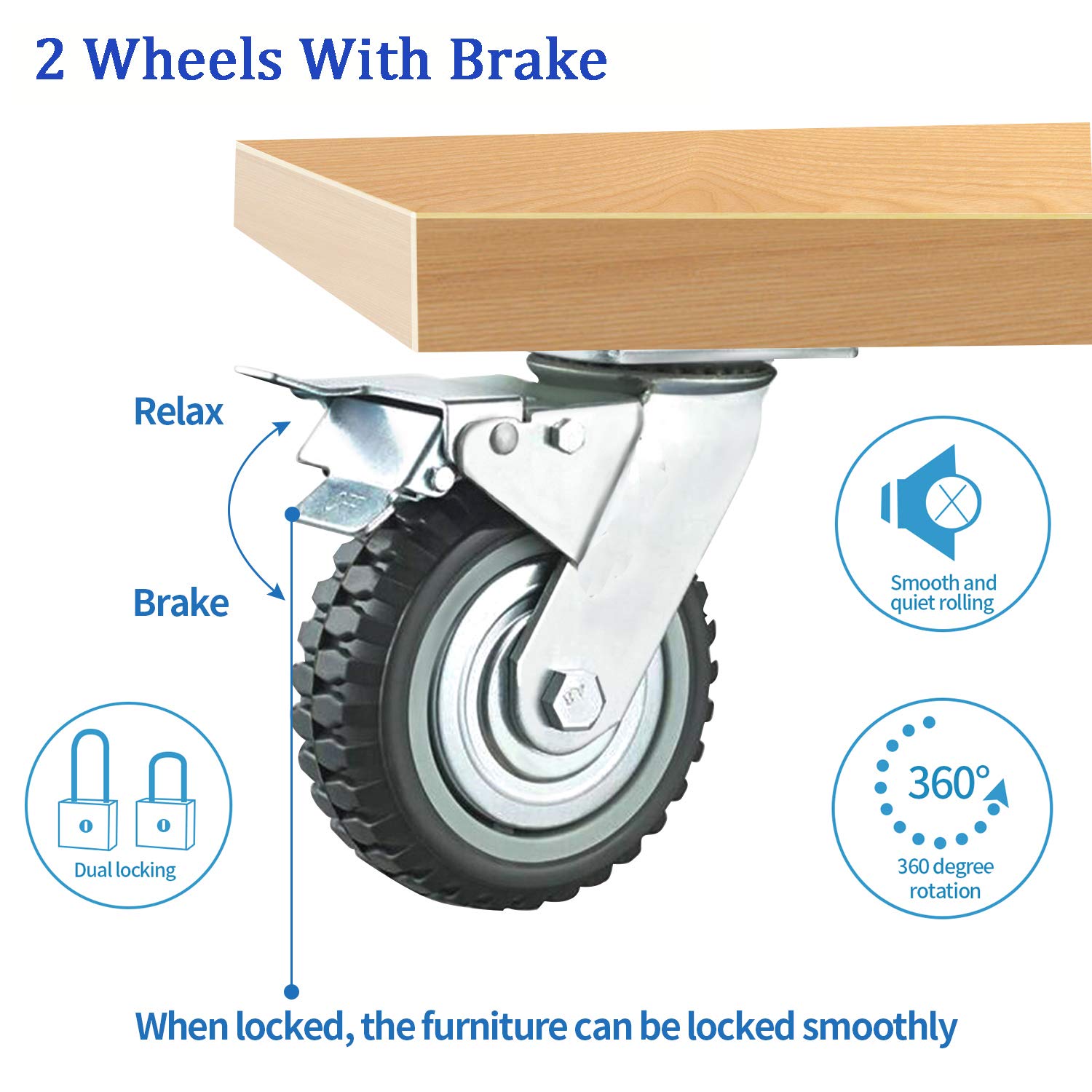 ybaymy 4pcs Solid Rubber Caster 150mm Steel Plate Mounted Industrial Swivel Caster With Brake With 360 Degree Ball Bearing Casters For Furniture DIY Workbench Trolley Load up to 1000KG-5