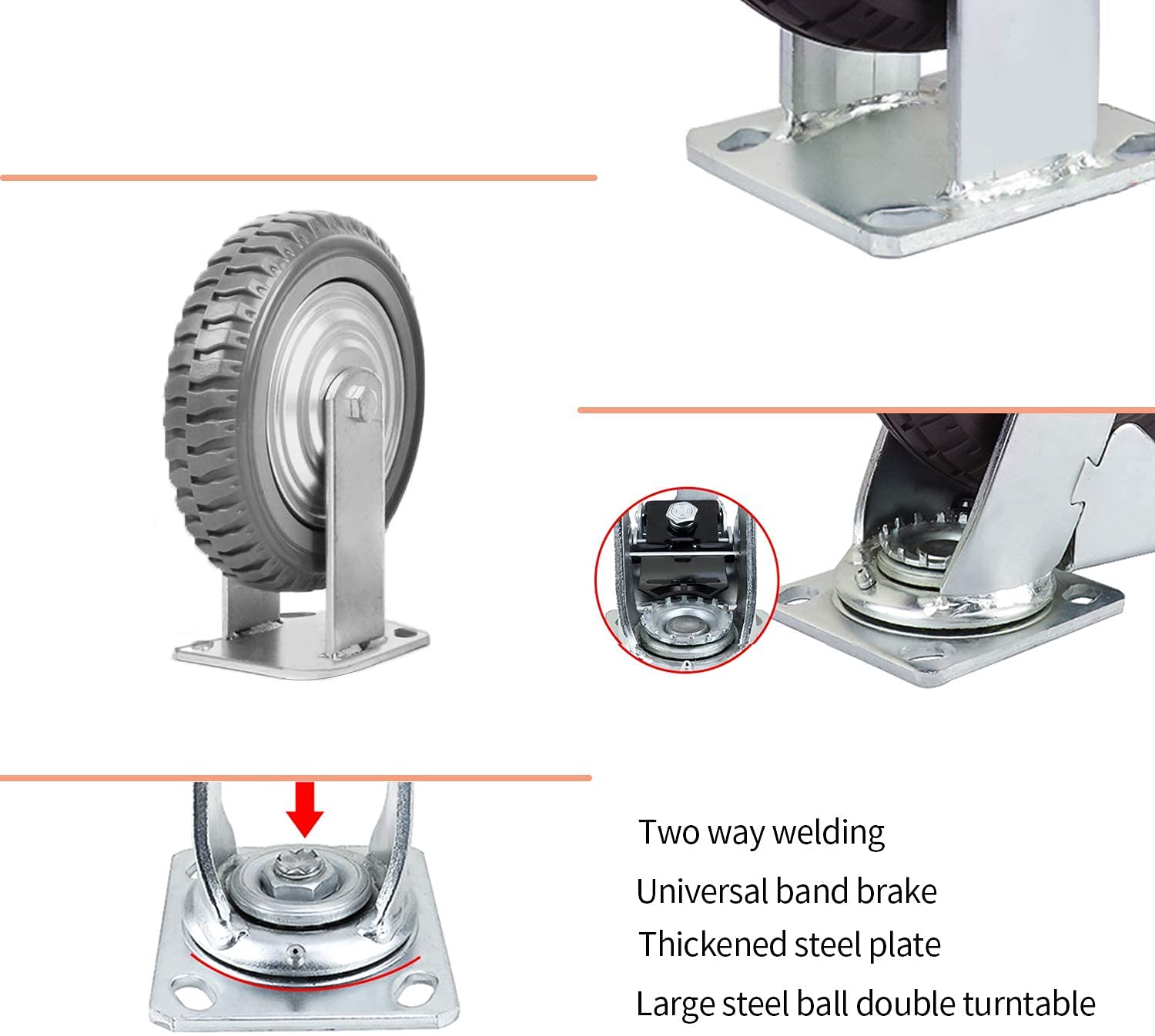 ybaymy 4pcs Solid Rubber Caster 150mm Steel Plate Mounted Industrial Swivel Caster With Brake With 360 Degree Ball Bearing Casters For Furniture DIY Workbench Trolley Load up to 1000KG-6