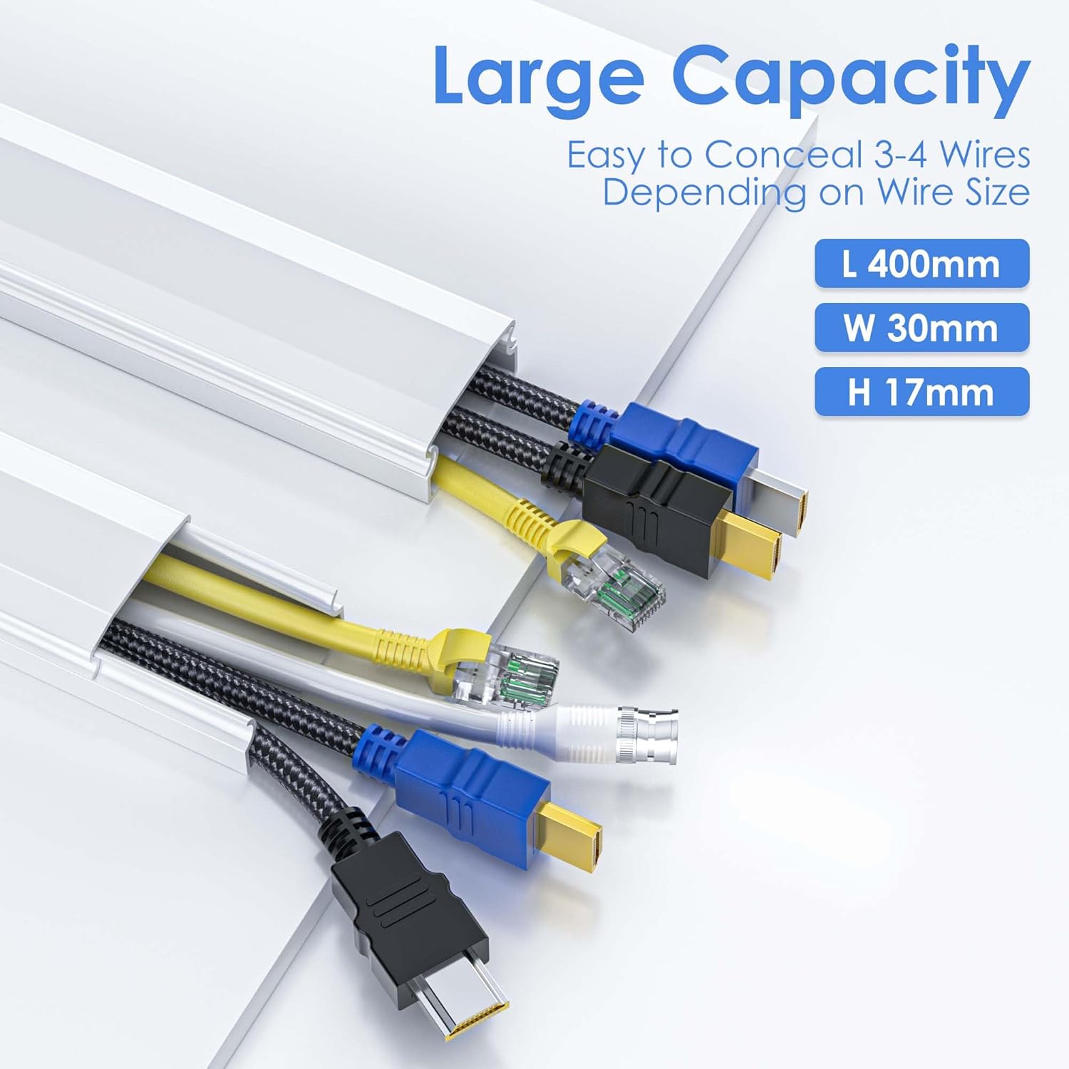 kinkaivy Cable Trunking for Wall, Trunking for TV Cable, On-Wall Cable Concealer, White Cable Trunking kit to Hide 3-4 Wires for TV and Computers in Home Office, 6X L400mm, W30mm, H17mm-2.4M-1