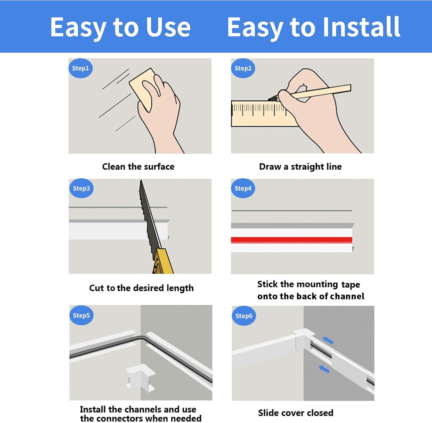 kinkaivy Cable Trunking for Wall, Trunking for TV Cable, On-Wall Cable Concealer, White Cable Trunking kit to Hide 3-4 Wires for TV and Computers in Home Office, 6X L400mm, W30mm, H17mm-2.4M-5