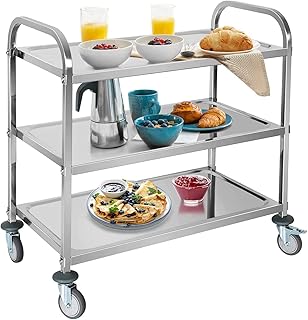 ybaymy 3 Large Stainless Steel Trolley 950 x 500 x 950mm Kitchen IslandUtility Cart Catering Storage Cart with Locking Wheels for Hotels Restaurant Home Use 150kg Capacity