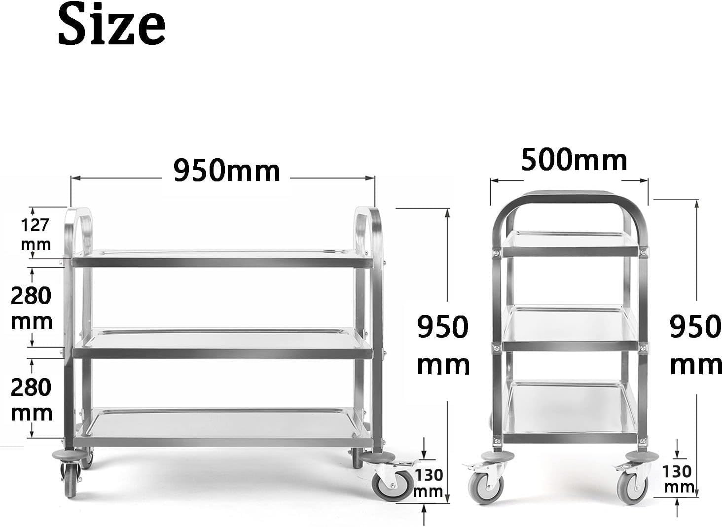 ybaymy 3 Large Stainless Steel Trolley 950 x 500 x 950mm Kitchen IslandUtility Cart Catering Storage Cart with Locking Wheels for Hotels Restaurant Home Use 150kg Capacity-2