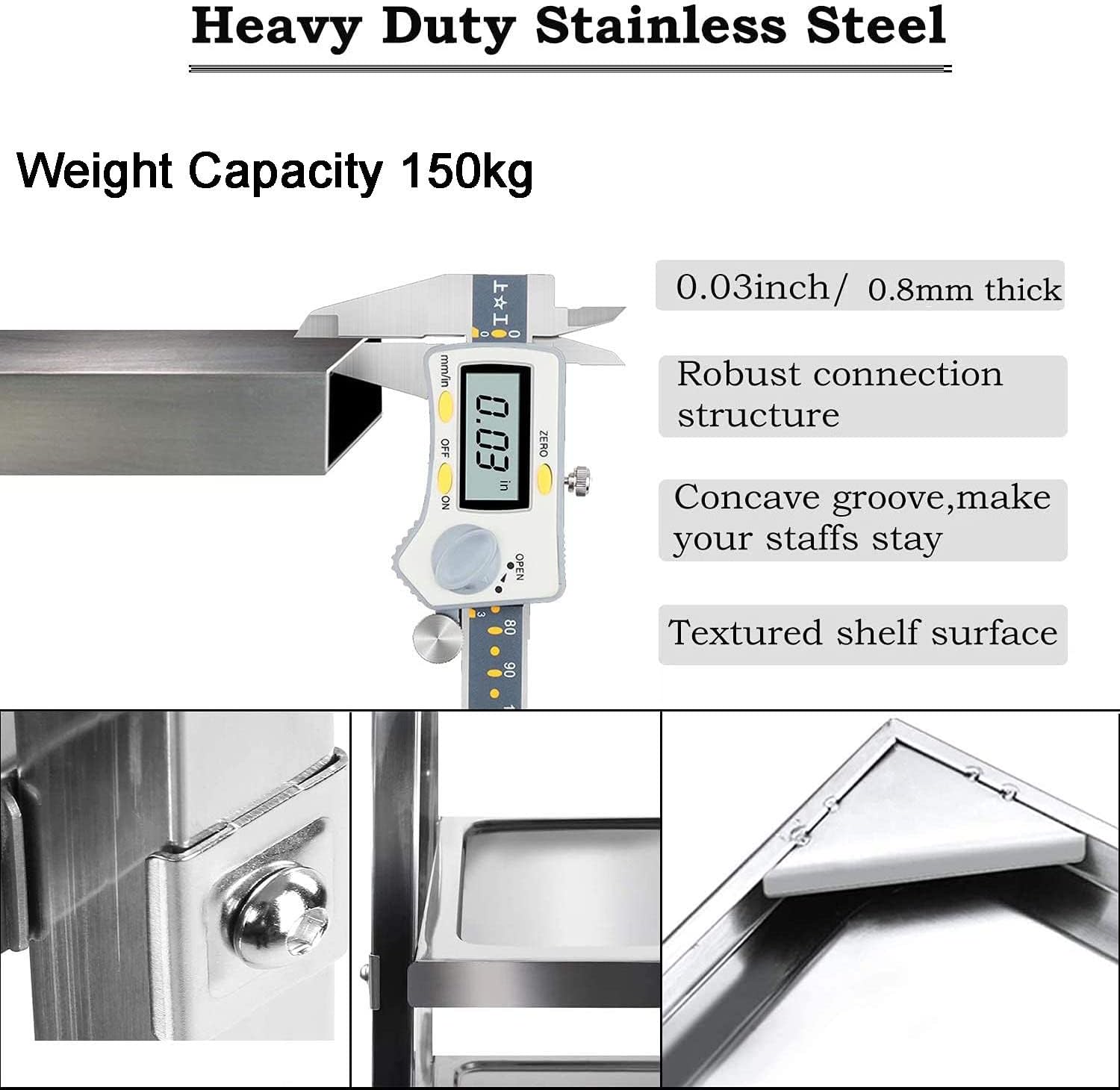 ybaymy 3 Large Stainless Steel Trolley 950 x 500 x 950mm Kitchen IslandUtility Cart Catering Storage Cart with Locking Wheels for Hotels Restaurant Home Use 150kg Capacity-3