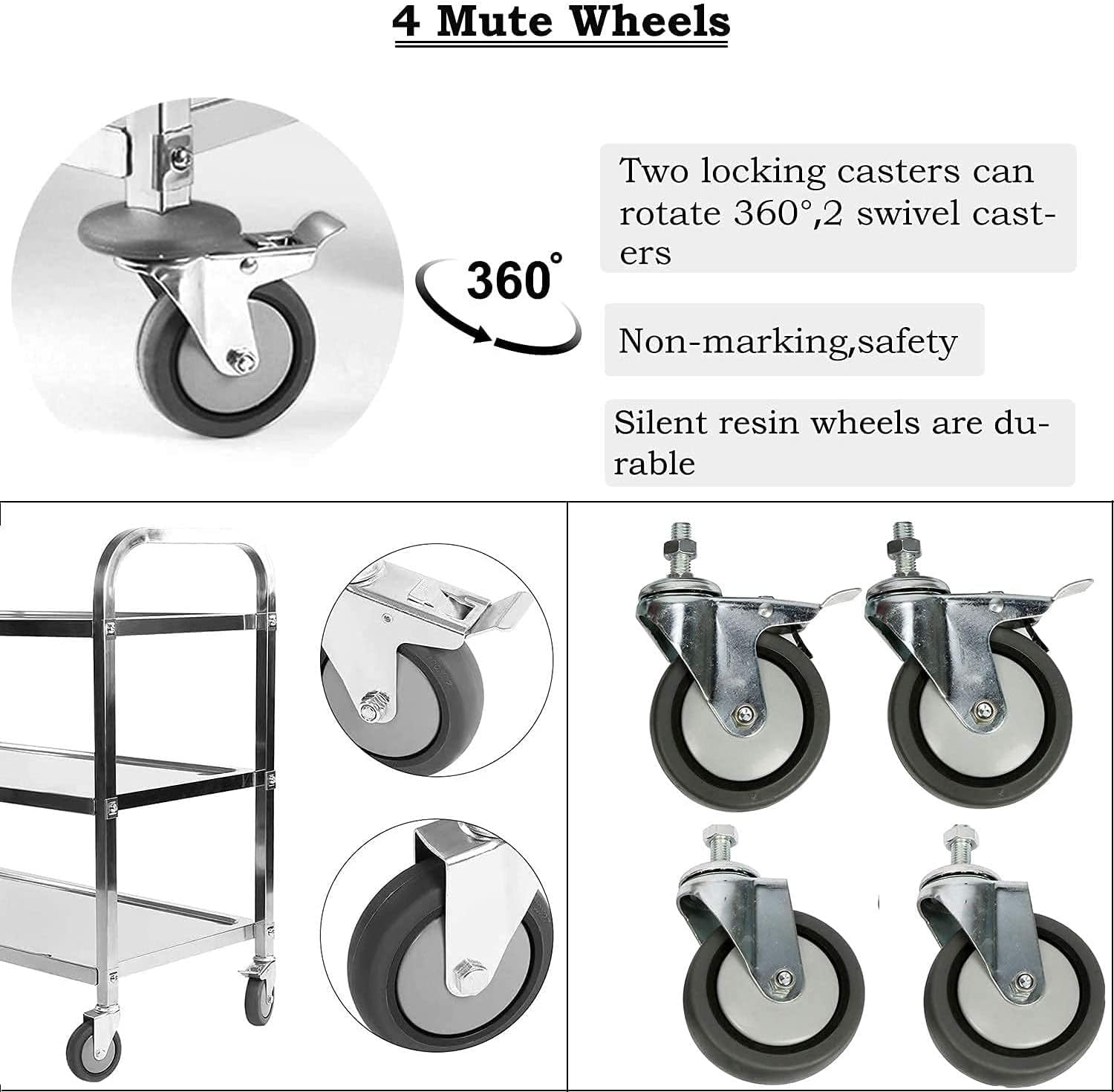 ybaymy 3 Large Stainless Steel Trolley 950 x 500 x 950mm Kitchen IslandUtility Cart Catering Storage Cart with Locking Wheels for Hotels Restaurant Home Use 150kg Capacity-4