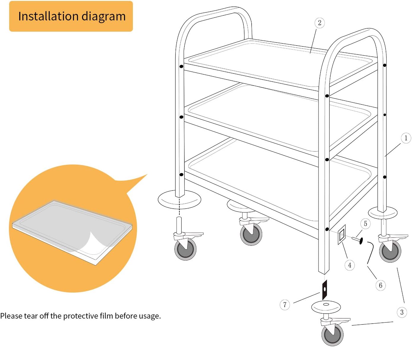 ybaymy 3 Large Stainless Steel Trolley 950 x 500 x 950mm Kitchen IslandUtility Cart Catering Storage Cart with Locking Wheels for Hotels Restaurant Home Use 150kg Capacity-6