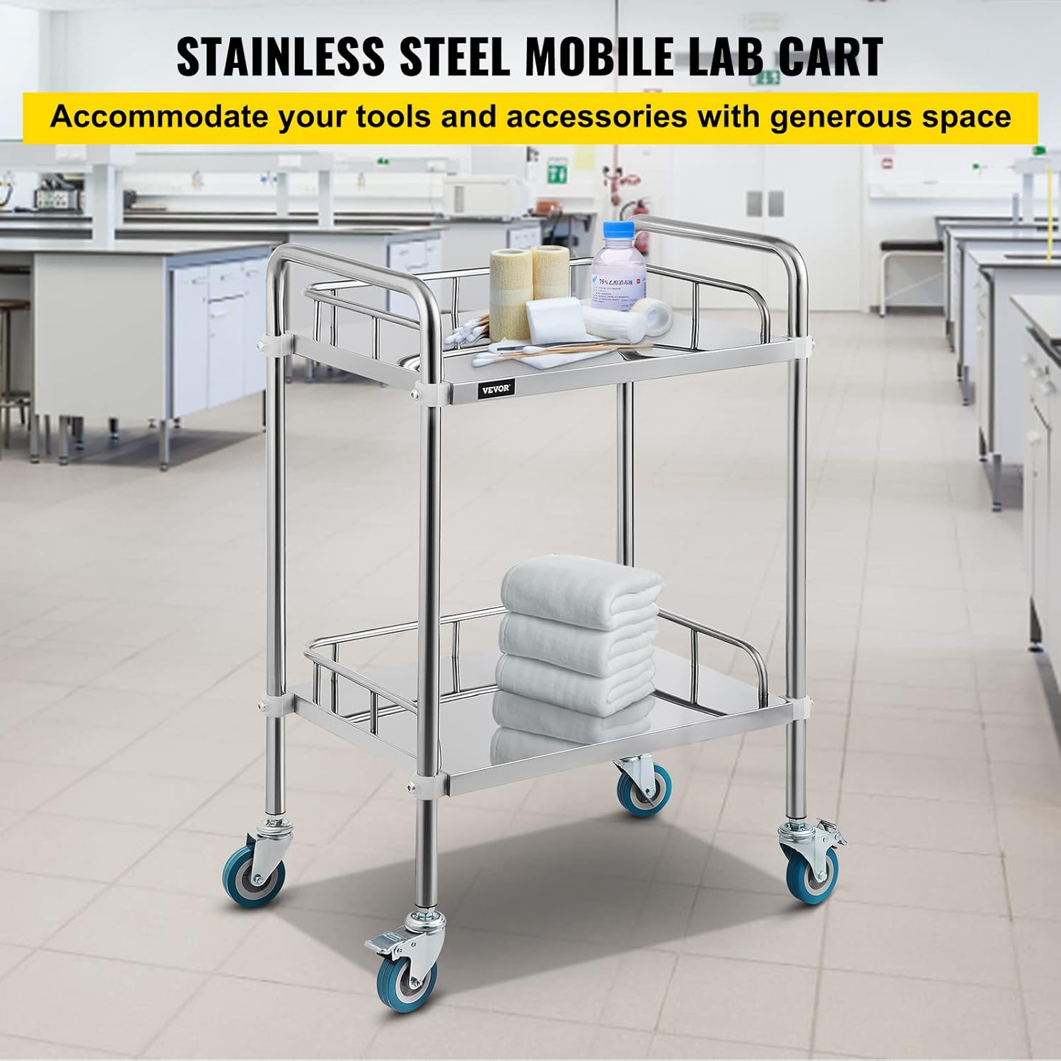 VEVOR 2-Layer Lab Medical Cart Stainless Steel Trolley Cart Lab Medical Equipment Cart Trolley Max Load 80kg for Lab Hospital Clinics-1