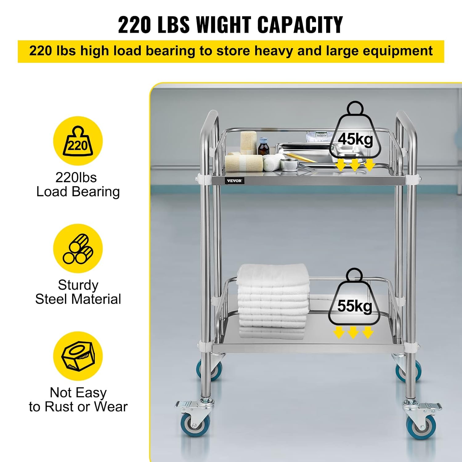 VEVOR 2-Layer Lab Medical Cart Stainless Steel Trolley Cart Lab Medical Equipment Cart Trolley Max Load 80kg for Lab Hospital Clinics-2