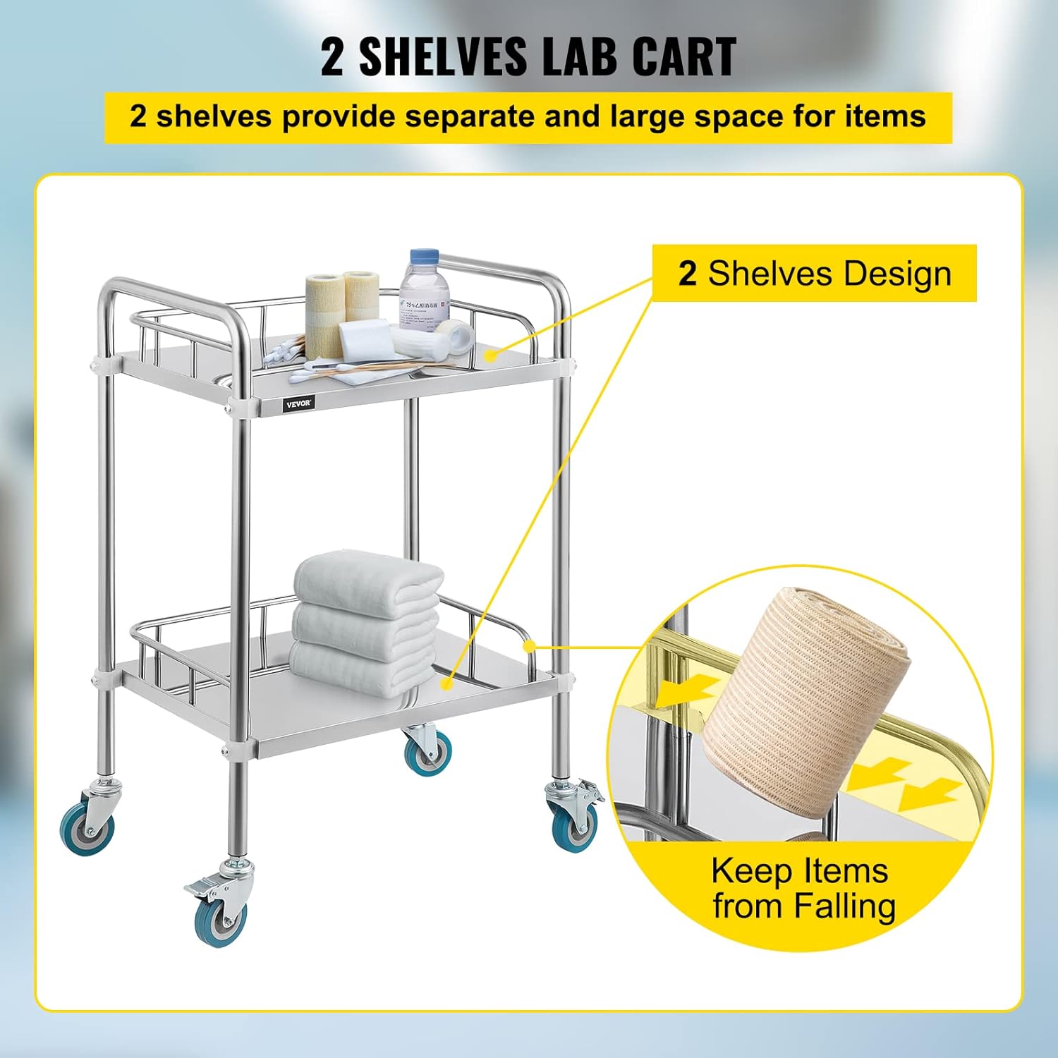 VEVOR 2-Layer Lab Medical Cart Stainless Steel Trolley Cart Lab Medical Equipment Cart Trolley Max Load 80kg for Lab Hospital Clinics-3